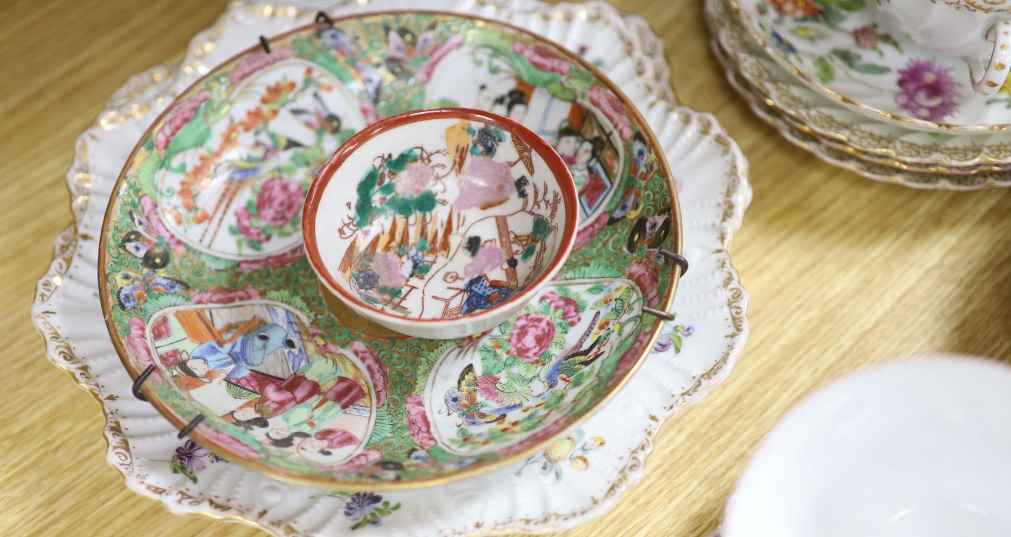 A group of Dresden tea wares and plates, a cloisonne enamel bowl , Cantonese and Imari dishes etc.